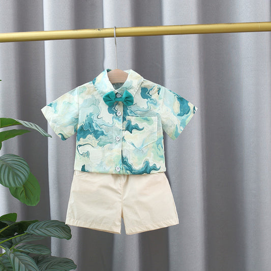 Summer Baby Kids Boys Green Tie-Dyed Turn-Down Collar Short Sleeves Shirt And Solid Color Shorts English Clothing Set