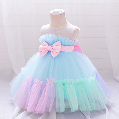 Summer Baby Kids Girls Princess Crew Neck Sleeveless 3D Butterfly Bow Colorful Mesh Dress