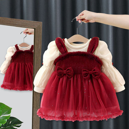 Autumn and Winter New Arrival Baby Girls Long Sleeves Crew Neck Top and Rabbit Design Dress