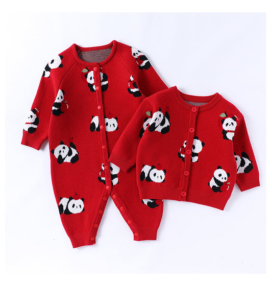 Autumn Arrival Baby Kids Comfortable Cartoon Panda Pattern Knitted Long Sleeves Cardigan