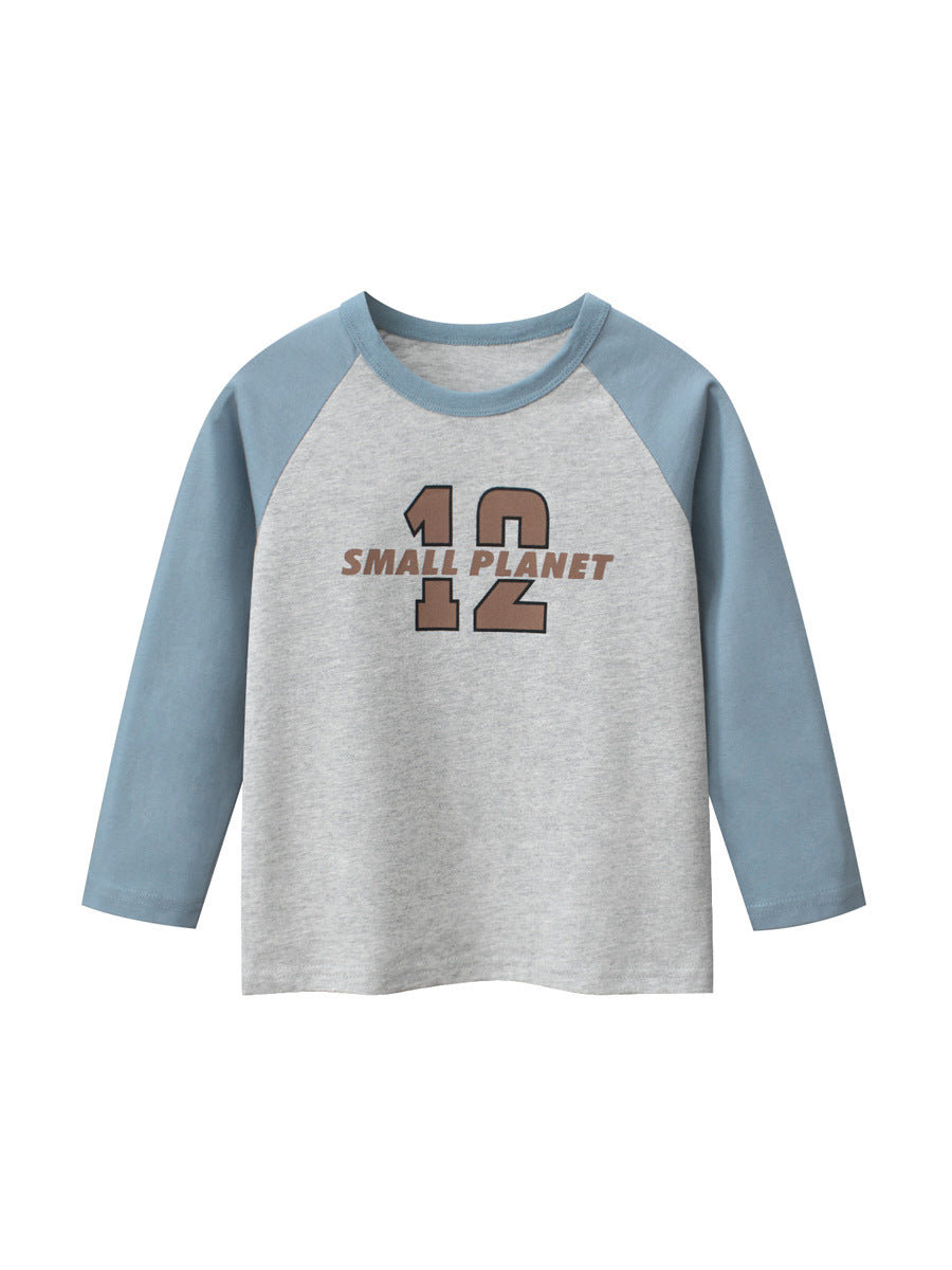 Autumn Baby Boys Letters Print Color Patchwork Long Sleeves Crew Neck Base Top Shirt