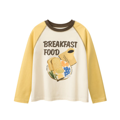 Spring Arrival Kids Girls Cartoon Print Crew Neck Long Sleeves Color Patchwork Top