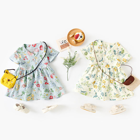 Vestido de verano con cuello en V y mangas cortas con estampado floral informal para niñas pequeñas 