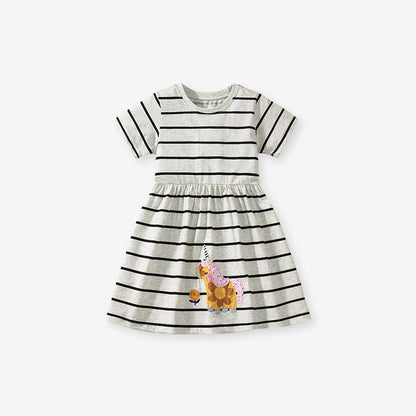 Summer Striped Dress for Girls, European and American Cute Animals Cartoon Pattern Dress