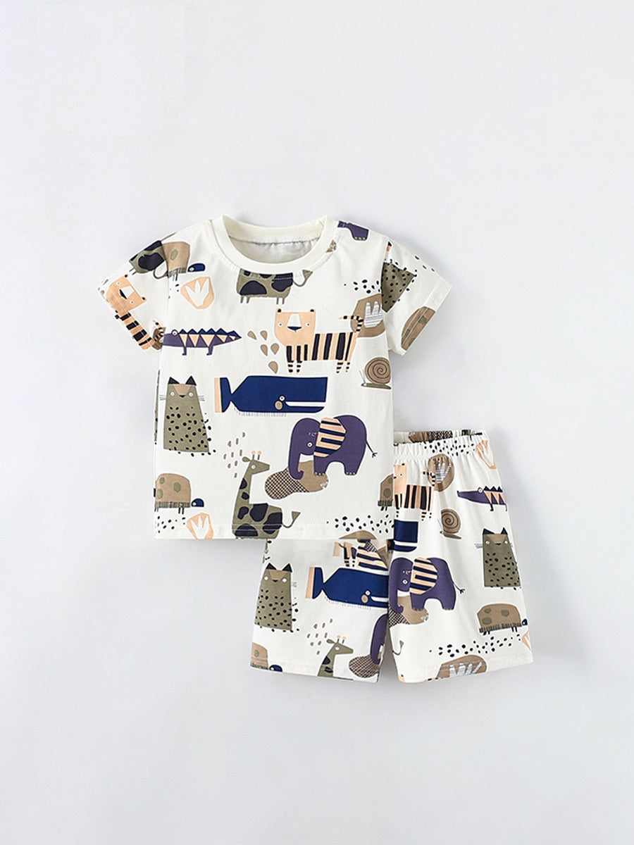 Summer Baby Kids Unisex Abstract Animals Cartoon Pattern Short Sleeves T-Shirt And Shorts Casual Clothing Set