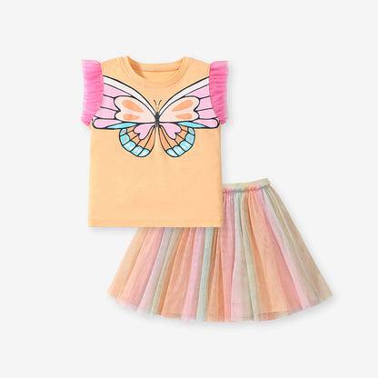 Recién llegado, conjunto de ropa de verano para niñas pequeñas con diseño de mariposa, mangas de encaje y falda plisada 