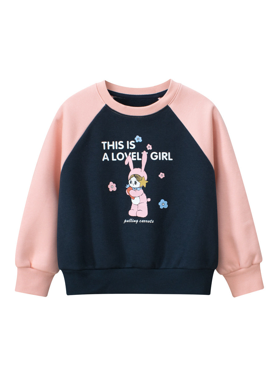 Arrival Girls Cartoon Print Crew Neck Long Sleeves Color Patchwork Sweatshirt