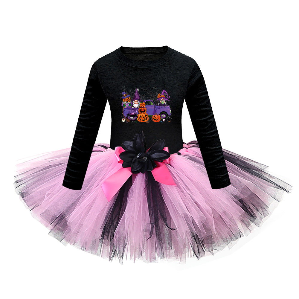 Arrival Girls’ Halloween Costume: Long Sleeves Cartoon Print Witches Cosplay Party Tulle Patchwork Dress