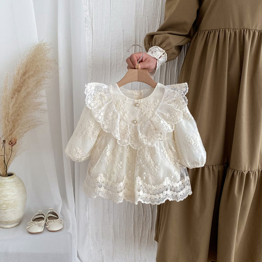 Vestido de tul con bordado floral y mangas largas para niñas recién nacidas de otoño con diseño de volantes 