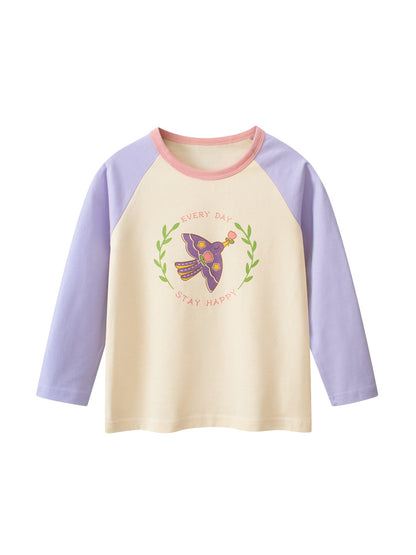 Autumn New Arrival Kids Girls Cartoon Print Crew Neck Long Sleeves Color Patchwork Shirt