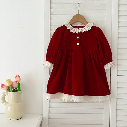 Conjunto de otoño para niñas pequeñas, con retazos de encaje y mangas largas, mono y vestido con un bonito cuello: conjunto a juego de princesa y hermana 