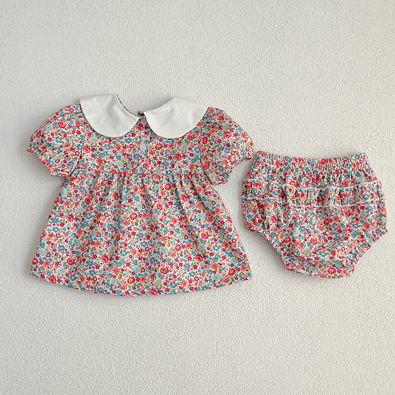 Summer Baby Girls Short Sleeves Floral Pattern Dress And Shorts – Princess Sister Matching Set