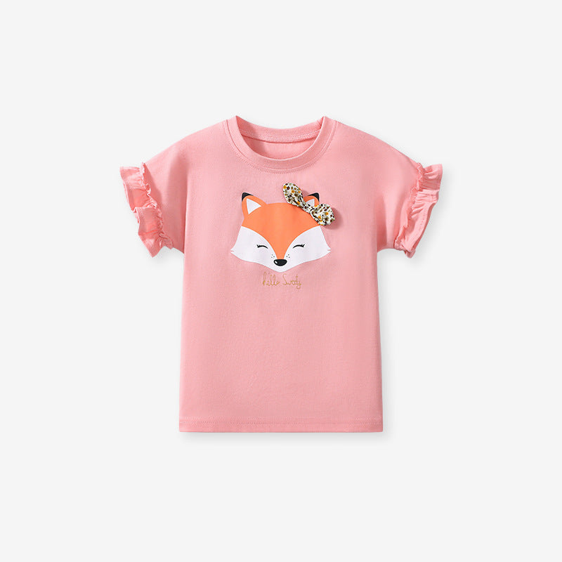 Girls’ Cute Fox Cartoon Pattern Short Sleeves T-shirt in European and American Style for Summer