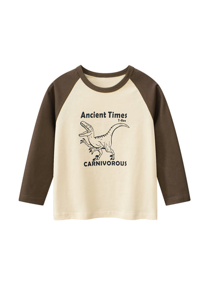 Autumn Baby Boys Letters and Dinosaur Print Color Patchwork Long Sleeves Crew Neck Base Top Shirt