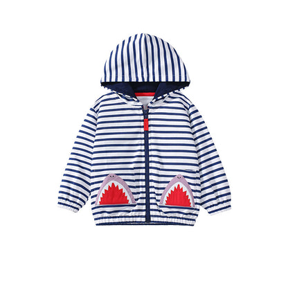 Arrival Baby Kids Girls Shark Pattern Pocketed Zip-up Striped Hoodie