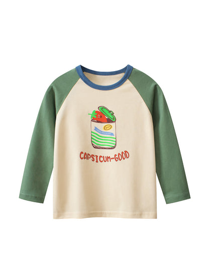 Autumn Baby Boys Cartoon Print Color Patchwork Long Sleeves Crew Neck Base Top Shirt