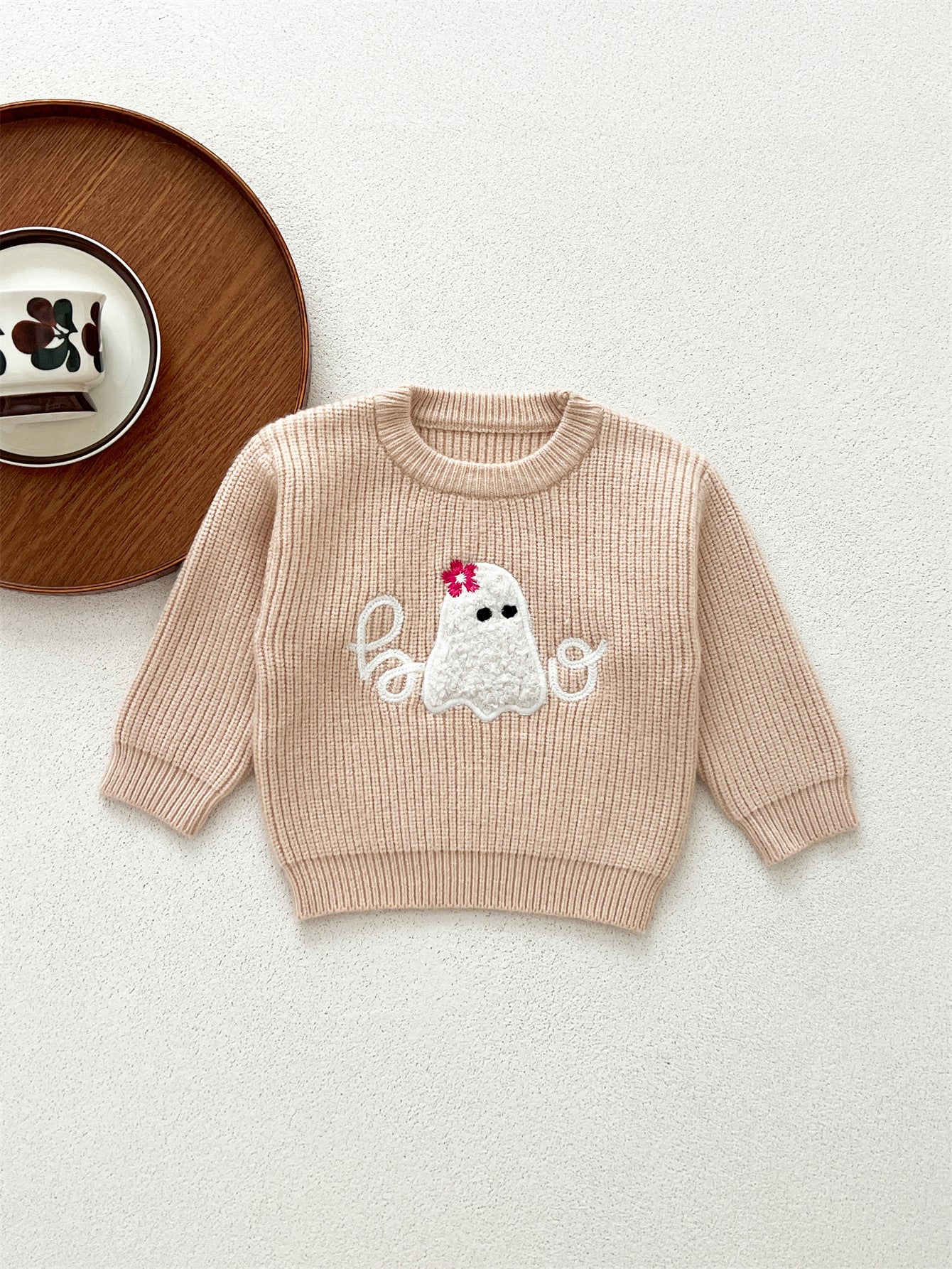 Autumn New Arrival Baby Kids Unisex Comfortable Halloween Ghost Pattern Knitted Long Sleeves Pullover