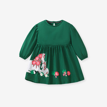 Arrival Autumn Girls Cartoon Floral Horse Crew Neck Long Sleeves Green Princess Dress