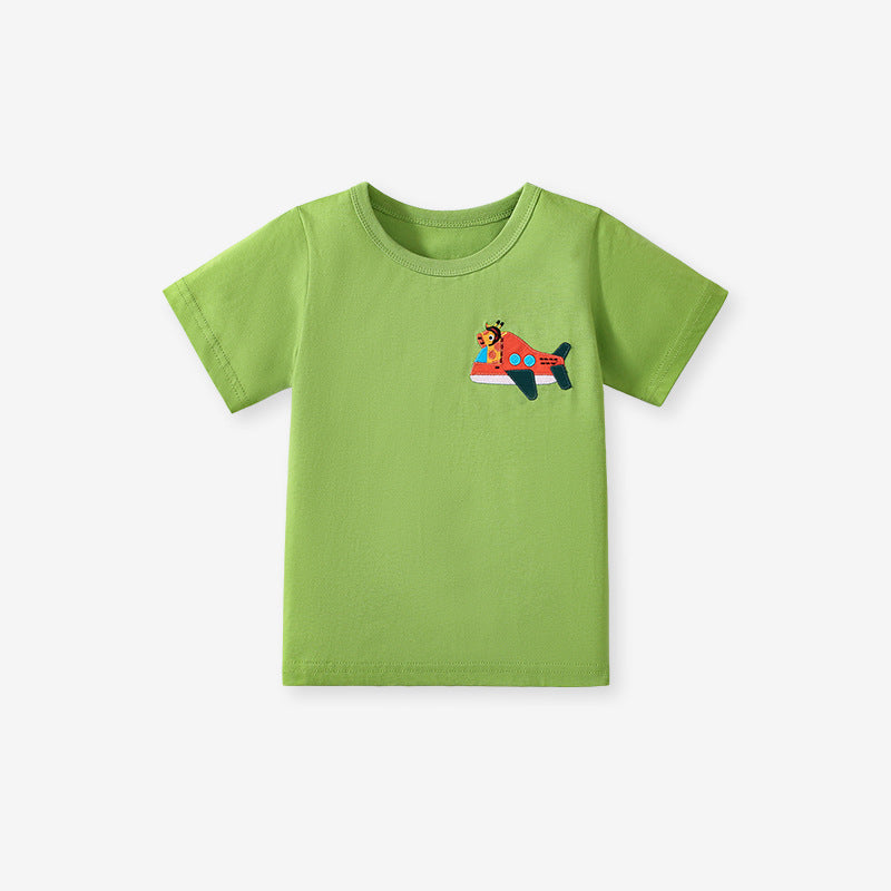 Boys Kids’ Air Plane Cartoon Embroidered T-shirt in European and American Style for Summer