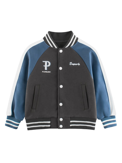 Boys and Girls Letters Pattern Contrast Design Single Breasted Baseball Coat