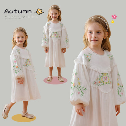 Vestido con mangas largas abullonadas y cuello con volantes y estampado floral y enredaderas para niñas de otoño 