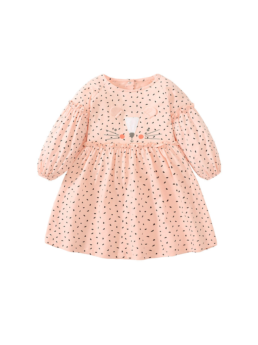 Vestido de primavera para niñas con diseño de gato bonito y manga larga con lunares rosas