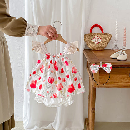 Conjunto de ropa y mono sin mangas con tirantes y estampado de flores para niñas de verano: conjunto de ropa a juego para hermanas 