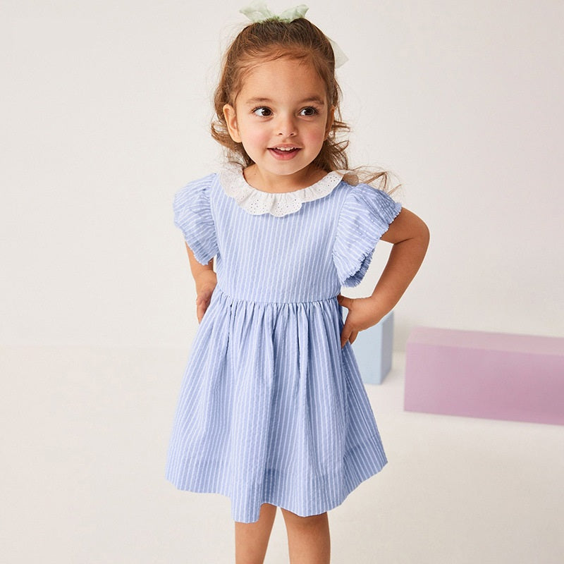 Spring And Summer Baby Girls Ruffle Collar Short Sleeves Striped Dress