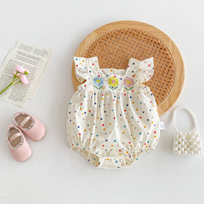 Summer New Arrival Baby Girls Fly Sleeves Colorful Dots Pattern Floral Embroidery Onesies