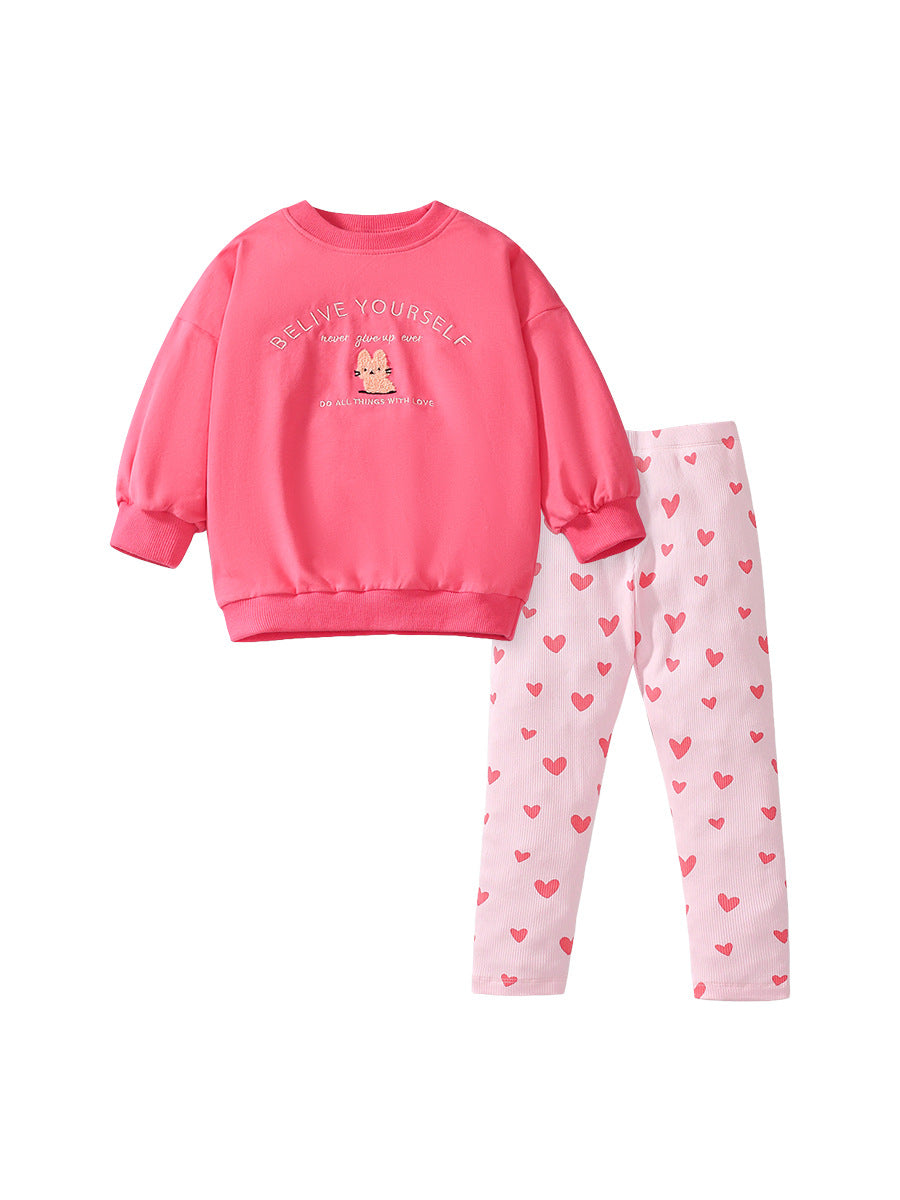 Spring And Autumn Girls Cute Cartoon And Letter Embroidery Pattern Long Sleeves Top Sweatshirt And Pants Clothing Set