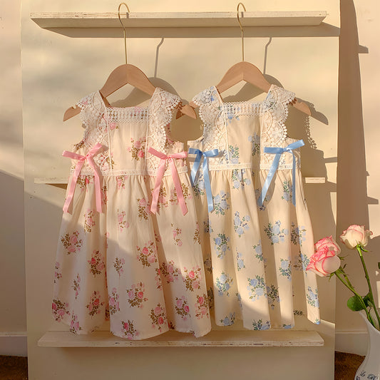 Summer Baby Kids Girls Sleeveless Flowers Printed and Embroidered Pattern Dress