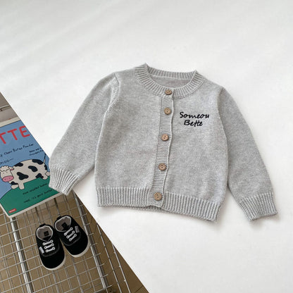 Autumn Baby Kids Boys Letters Embroidery Pattern Knitted Crew Neck Cardigan (Solo), Denim Pants and Striped Shirts