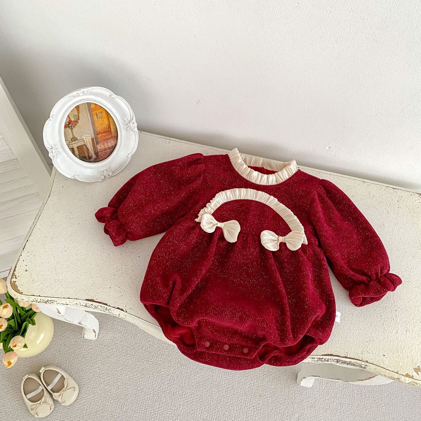 Autumn and Winter New Arrival Baby Girls Long Sleeves Ruffle Neck Cozy Onesies Bodysuits