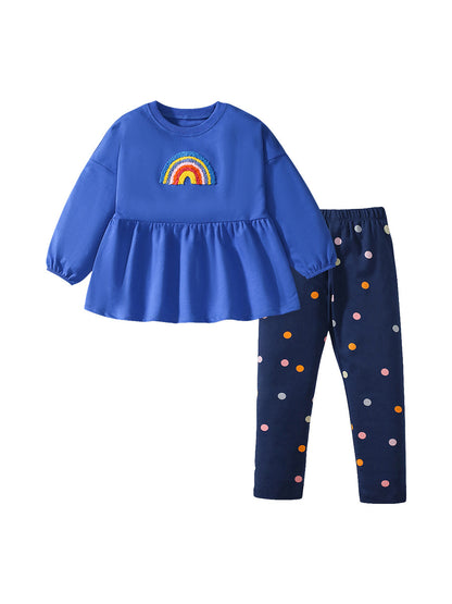 Spring And Autumn Girls Cute Rainbow Embroidery Pattern Long Sleeves Top Dress And Polka Dots Pants Clothing Set