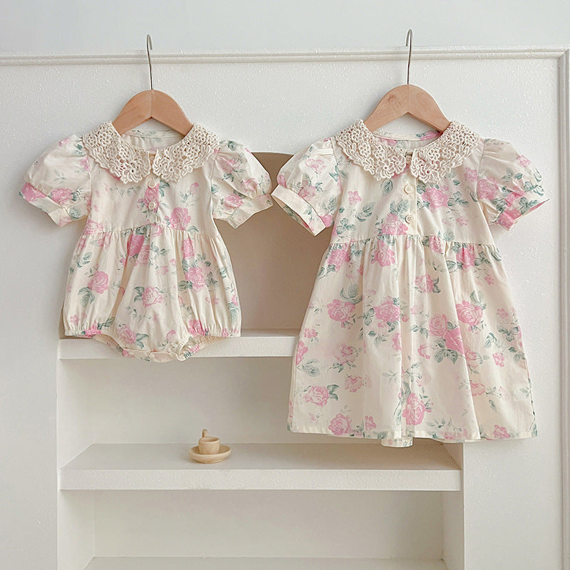 Summer Girls Floral Pattern Hollow Out Peter Pan Collar Short Sleeves Onesies And Girls’ Dress – Princess Sister Matching Set