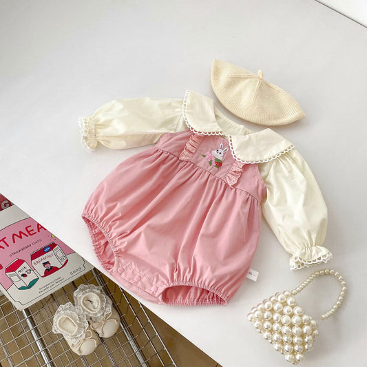 Arrival Spring Girls Long Sleeves Lace-trim Turn-down Collar Top Shirt and Sleeveless Onesies Clothing Set