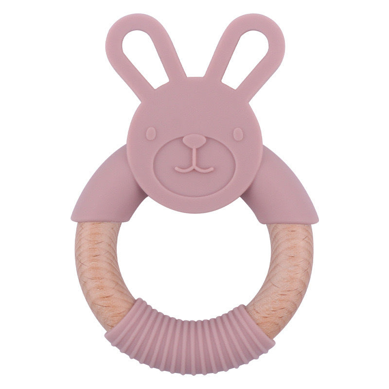 Baby Food-Grade Teething Rattle, Teething Aid for Babies, Wooden and Silicone Rabbit Teething Bracelet