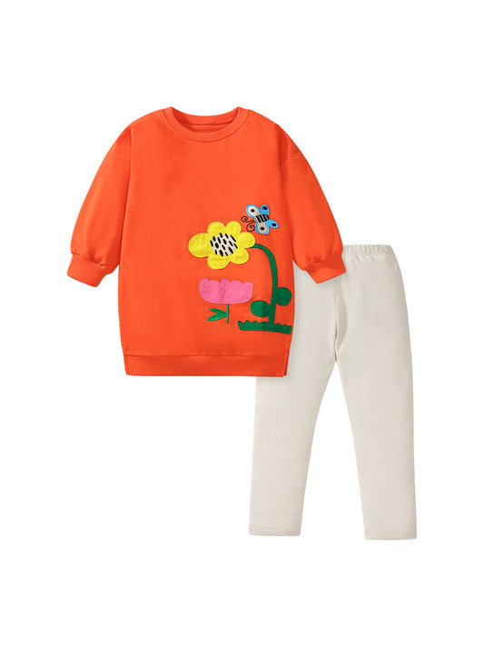 Spring And Autumn Girls Flower, Bee Pattern Top Sweatshirt And Solid Color Pants