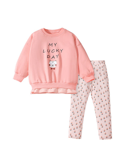 Spring And Autumn Girls Cute Cartoon Print Long Sleeves Top T-Shirt And Floral Pants Clothing Set