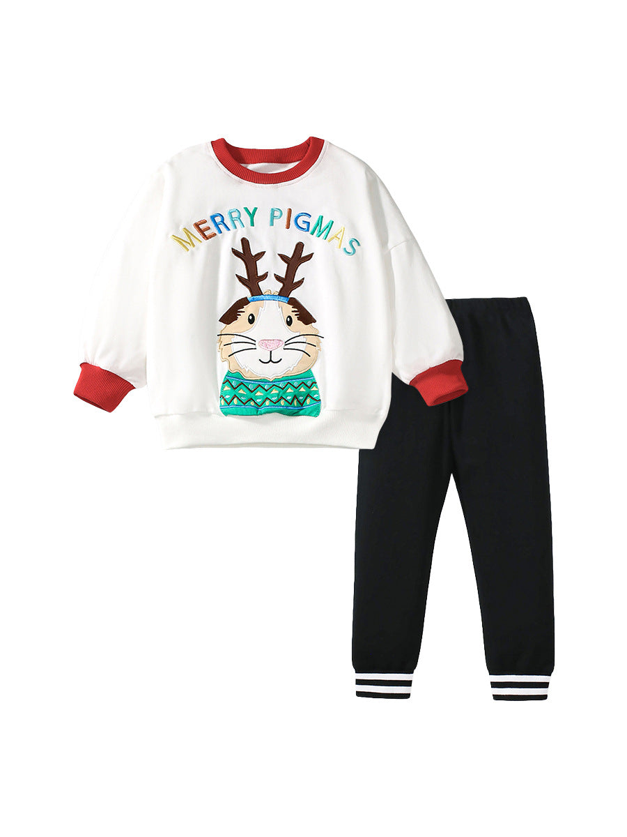 Spring and Autumn Girls Cartoon Christmas Pattern Long Sleeves Crew Neck Top Color Patchwork Sweatshirt and Pants Clothing Set