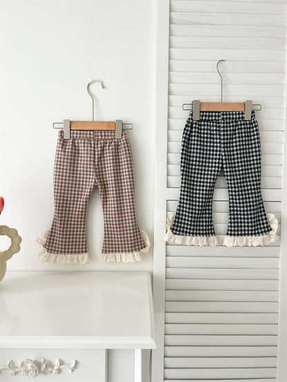 Pantalones a cuadros baratos para niñas y bebés de otoño con ribete de encaje 