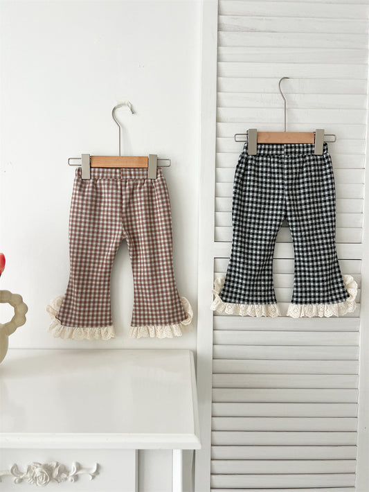 Pantalones a cuadros baratos para niñas y bebés de otoño con ribete de encaje 