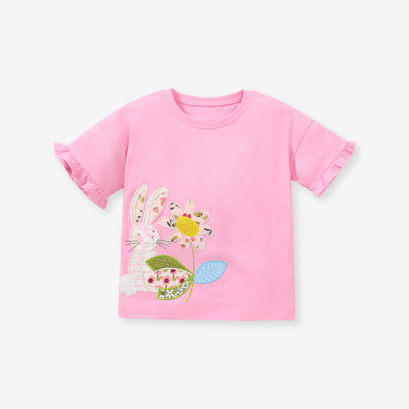 Baby Girl Rabbit Cartoon Floral Ruffle Short Sleeve O-Neck Cotton Summer T-Shirt