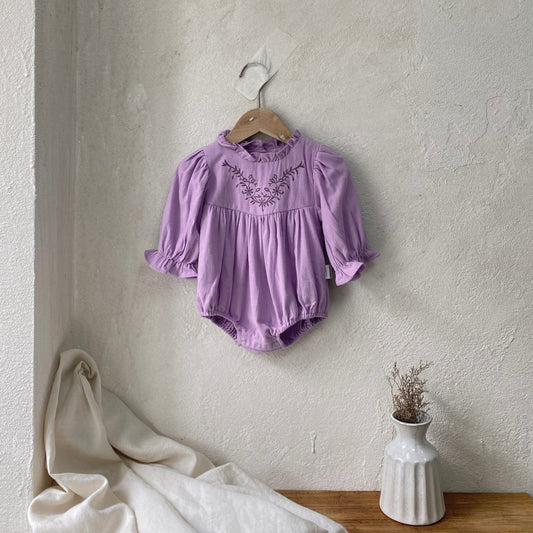 New Arrival Baby Girls Purple Long Sleeves Vine Embroidery Onesie