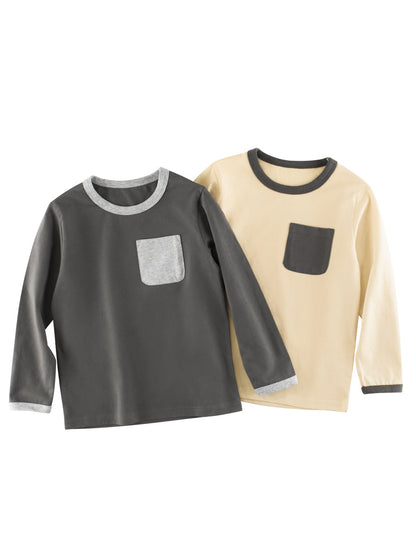 Autumn Baby Boys Color Patchwork Pocketed Long Sleeves Crew Neck Base Top Shirt