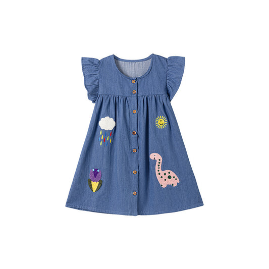 Summer New Arrival Denim Cartoon Pattern Fly Sleeves Dress for Stylish Girls