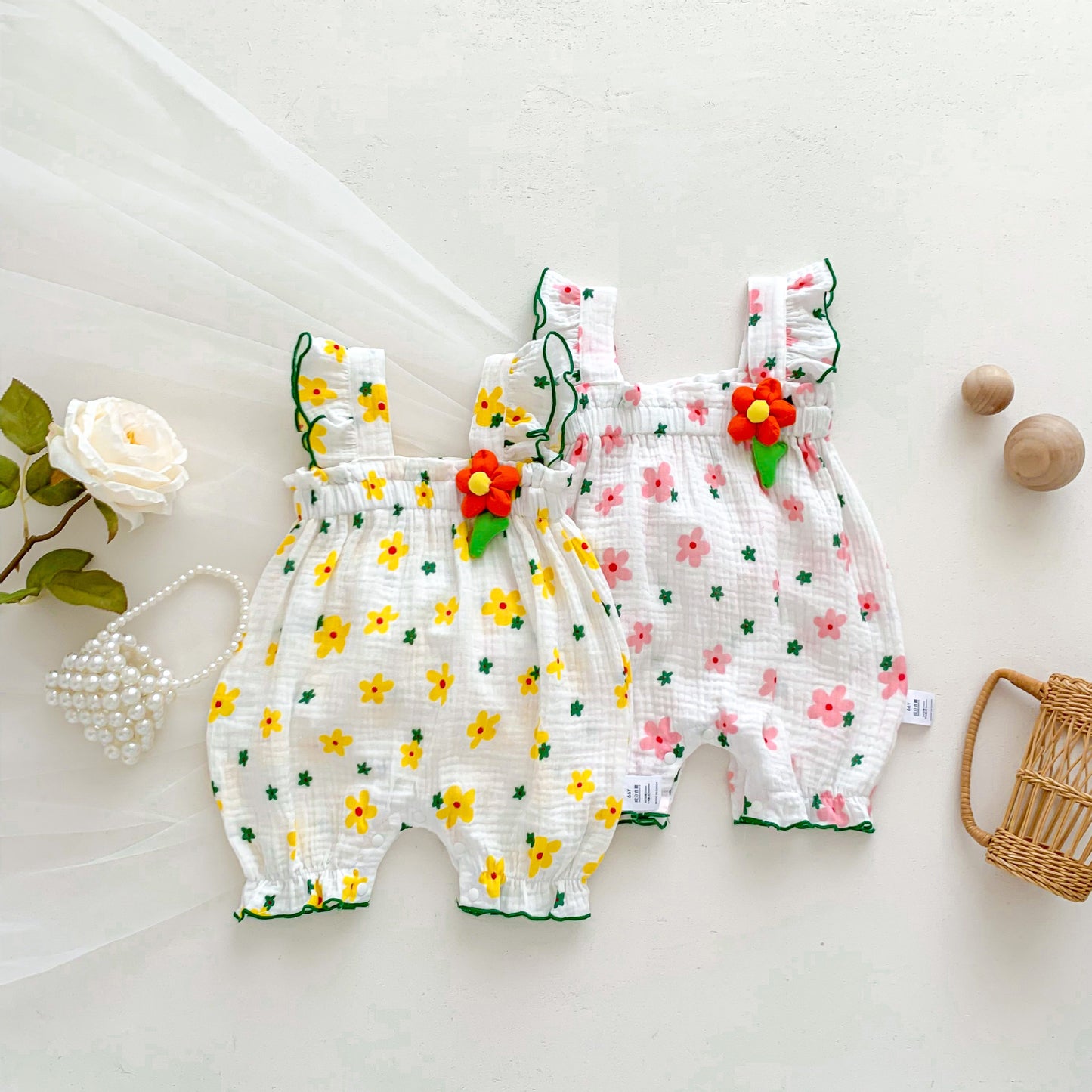 New Design Summer Baby Kids Girls Flowers And Stars Pattern Sleeveless Strap Romper