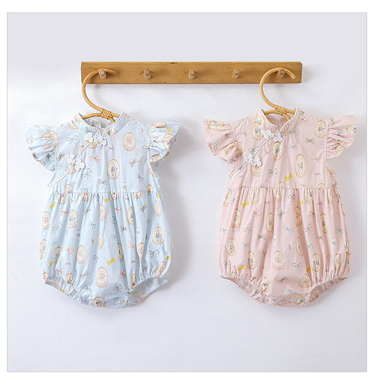 Summer Hot Selling Baby Girls Rabbits Print Fly Sleeves Stand Collar Onesies