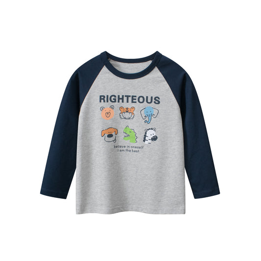 Autumn Baby Boys Letters and Animals Print Color Patchwork Long Sleeves Crew Neck Base Top Shirt