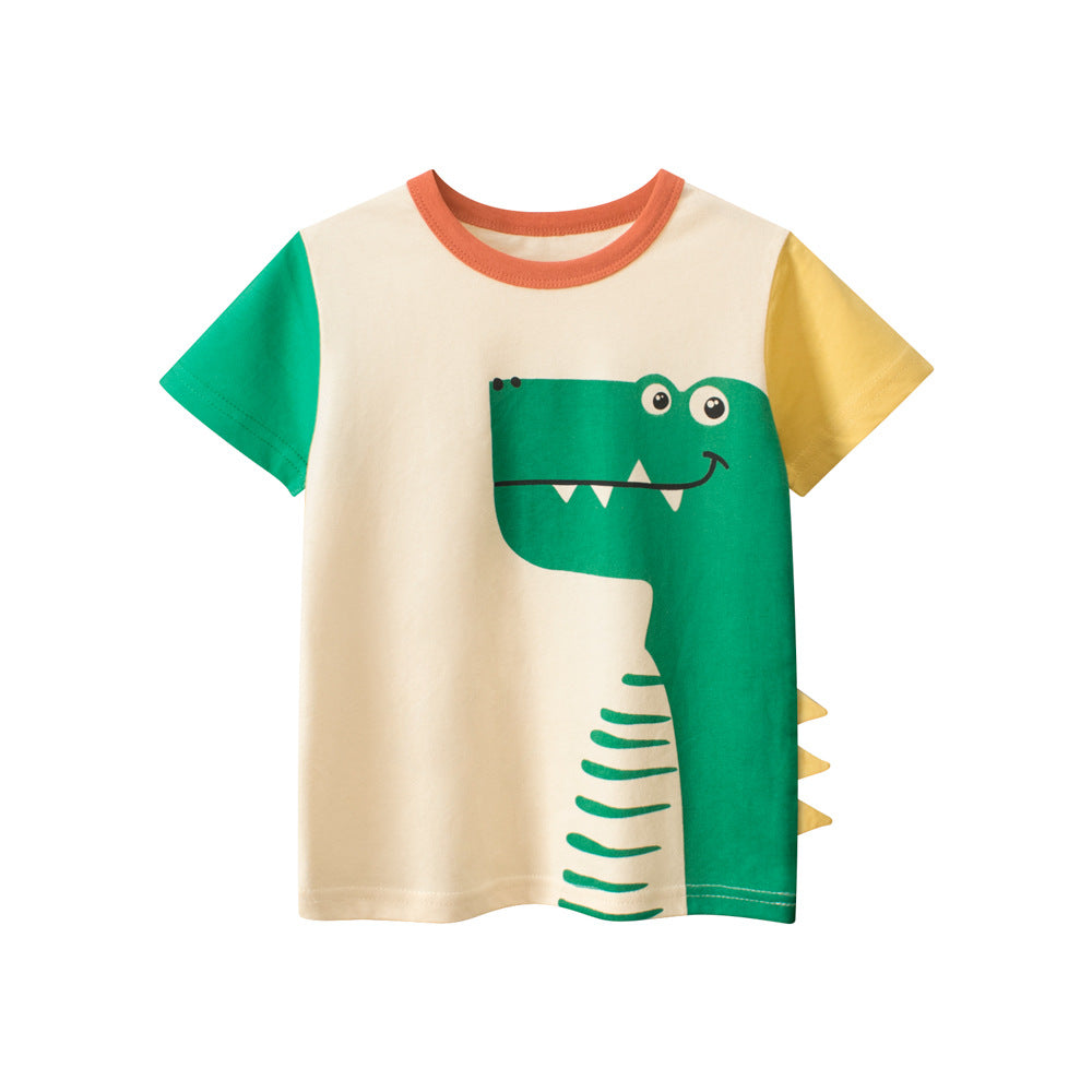 Camiseta de manga corta con estampado de dinosaurios de dibujos animados para niños, con parches de colores, en estilo europeo y americano 